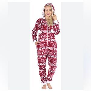 Frankie & Johnny Sherpa Lined Onesie Pajamas XS Red Nordic Reindeer Hooded